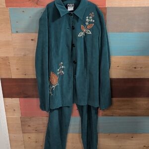 Southern Lady Teal Pantsuit with Brown & Cream Floral Embroidery